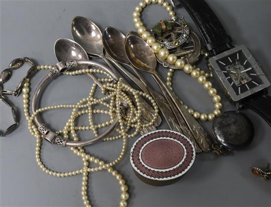 Mixed items including six silver teaspoons, silver brooch, wrist watch, bracelet, fob watch etc.